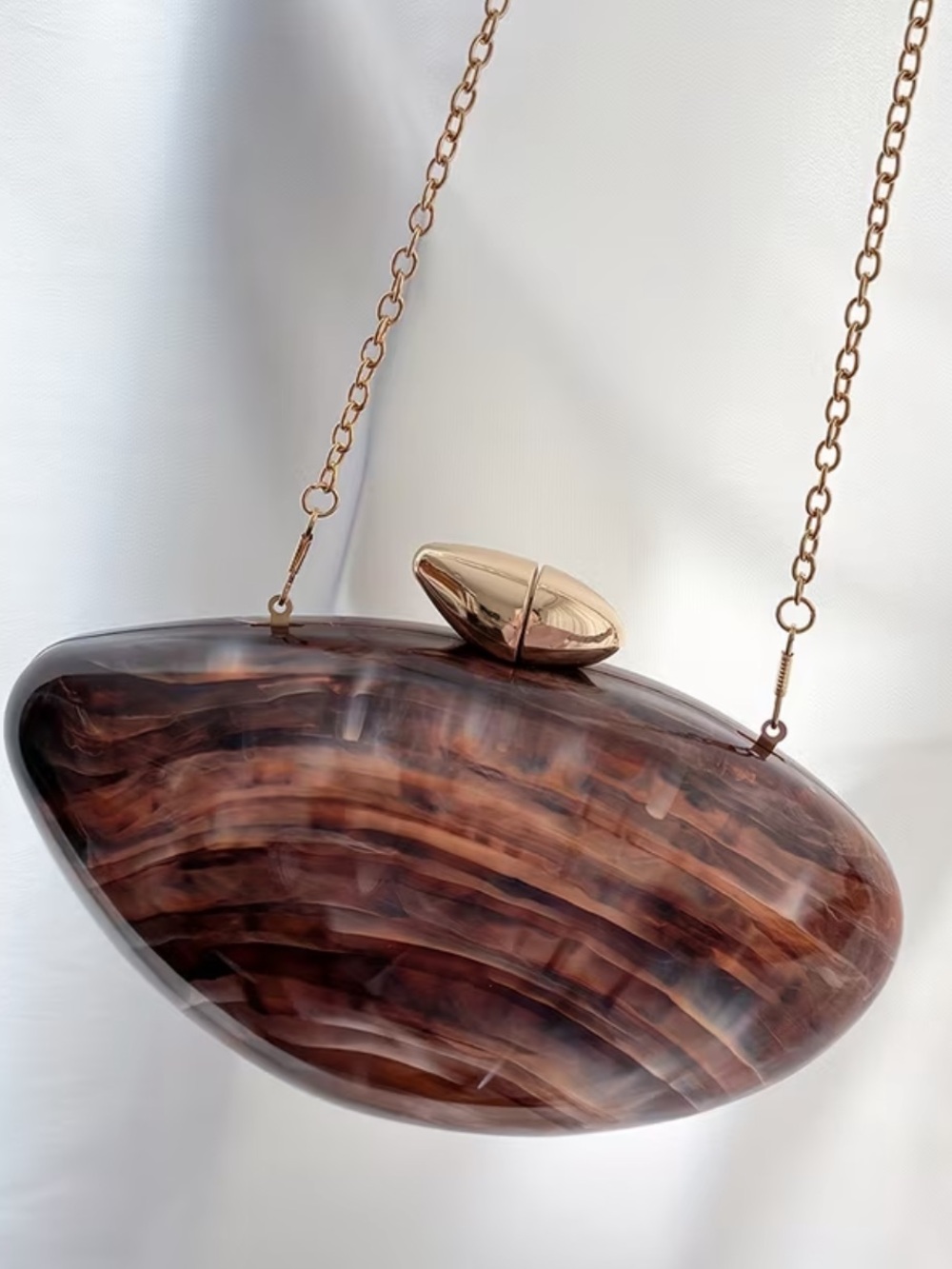 Brown Marbled Shell Acrylic Clutch Shoulder Bag with Gold Chain